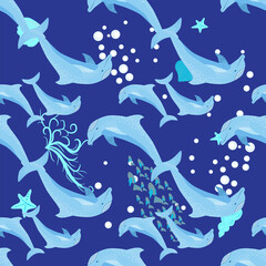 Fototapeta premium Dolphin, sea inhabitants seamless pattern, beautiful character among seashells, algae, starfish, marine wildlife