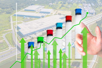 Business hand growth chart of transport business with supply chain management ,Logistic Import Export background