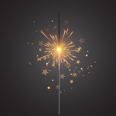 Bengal fire sparkle New year sparkler candle isolated on transparent background. Realistic vector illustration
