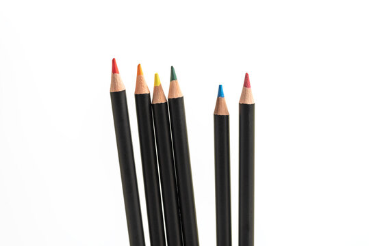 Six colour pencils isolated on white background with clipping path included