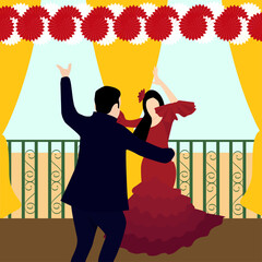 Vector illustration of an Andalusian couple dancing sevillanas in a booth at the April fair. Seville fair, Andalusia, Spain