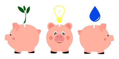 Piggy banks symbolizing the saving of electricity, water and the environment. Saving natural resources