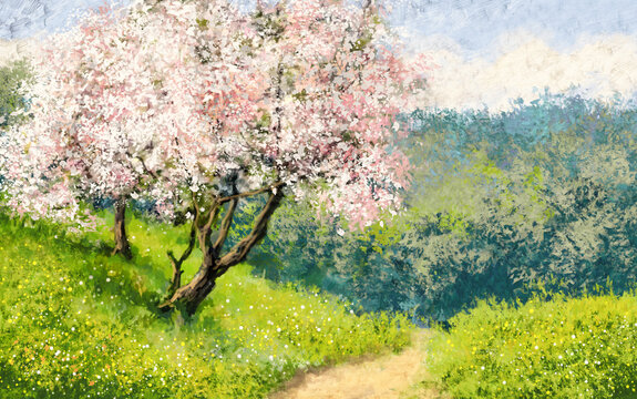 Digital art, oil paintings spring landscape, spring landscape with blooming tree