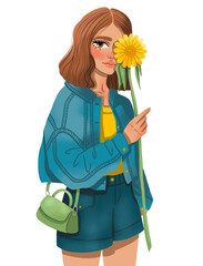 Cute girl with a sunflower. Girl in a denim jacket and shorts. Illustration on white isolated background