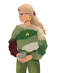 Cute girl in a green sweater and jeans with a cup of coffee. Illustration on white isolated background