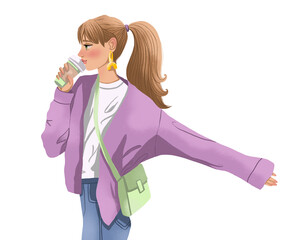 Cute girl in a purple sweater with a cup of coffee. Illustration on white isolated background - 496375807