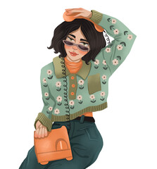 Cute girl with a retro phone. Girl in a green sweater and sunglasses. Illustration on white isolated background