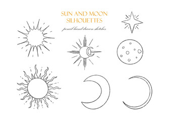 Sun and Moon silhouettes collection. Pencil hand drawn sketches on white isolated background