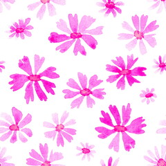 Seamless floral pattern with hand drawn watercolor flowers for textile and paper design. Isolated purple flowers on a white background.