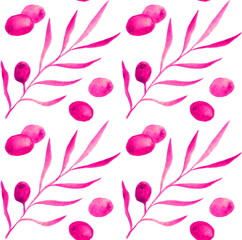Seamless botanical pattern with watercolor olive branches and olives on a white background. For home textile and surfaces design.