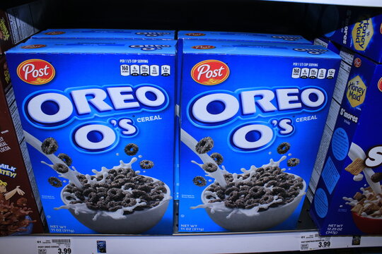 A Closeup Of Post OREO O's Breakfast Cereal  On A Metal Shelf At A Dillons Store In Hutchinson Kansas USA.