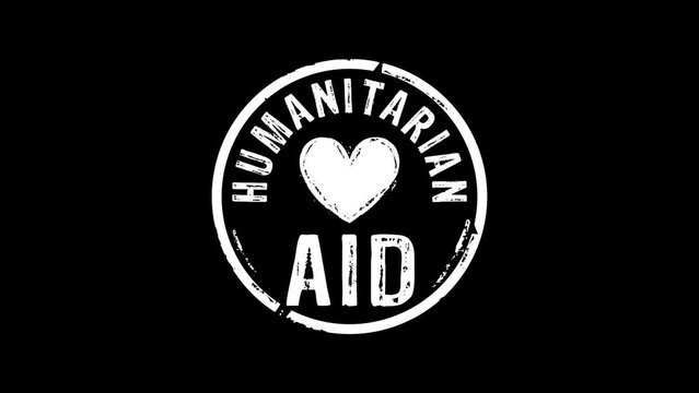Humanitarian Aid stamp and stamping impact isolated animation. Help refugees, volunteering and rescue during the crisis 3D rendered concept. Alpha matte channel.