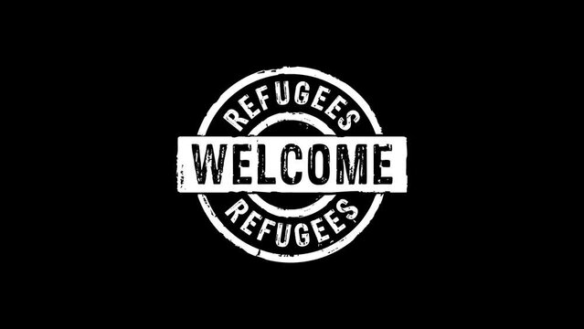 Refugees Welcome stamp and stamping impact isolated animation. Migration and humanitarian aid during the crisis 3D rendered concept. Alpha matte channel.