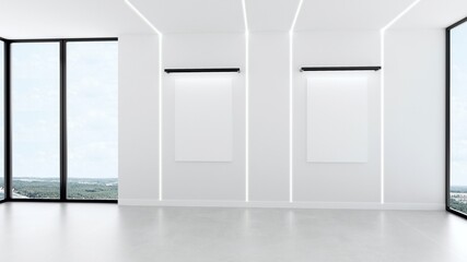 white modern interior with two blank posters