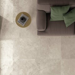 Modern interior design, bathroom with gray tiles, seamless sofa, top view, luxurious background.