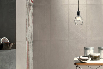 Modern interior design, room with gray tiles, seamless lamp, luxurious background.