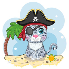 Snow leopard pirate, cartoon character of the game, wild cat in a bandana and a cocked hat with a skull, with an eye patch. Character with bright eyes
