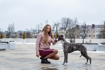 a pretty fair-haired girl in a pink leather jacket and a burgundy skirt trains a whippet dog 
