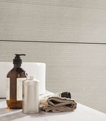 Modern interior design, bathroom with light tiles, seamless, luxurious background.