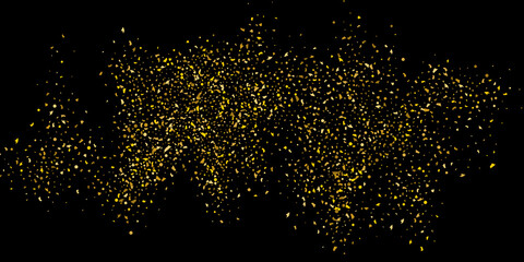 Golden glitter confetti on a black background. Illustration of a drop of shiny particles. Decorative element. Luxury background for your design, cards, invitations, gift, vip.