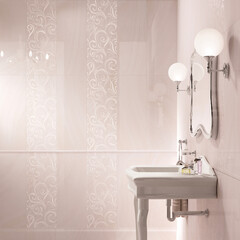 Modern interior design of bathroom with elegant tiles, seamless lamps, luxurious interior background.