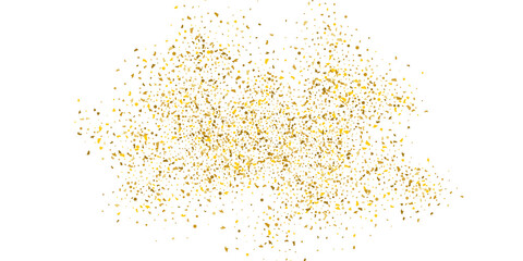 Golden glitter confetti on a white background. Illustration of a drop of shiny particles. Decorative element. Luxury background for your design, cards, invitations, gift, vip.