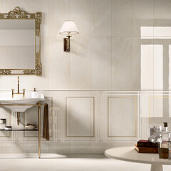 Modern interior design of bathroom with elegant tiles, seamless lamps, luxurious interior background.