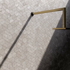 Modern interior design, bathroom with gray tiles, seamless shower, luxurious background.