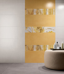 Modern interior design, bathroom with gray and yellow tiles, seamless, luxurious background.