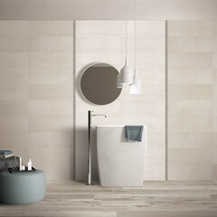 Modern interior design of bathroom with elegant tiles, seamless lamps, luxurious interior background.