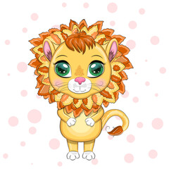 Cartoon lion with expressive eyes. Wild animals, character, childish cute style