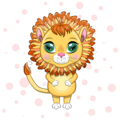 Cartoon lion with expressive eyes. Wild animals, character, childish cute style