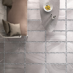 Modern interior design, room with gray tiles, top view, seamless, luxurious background.