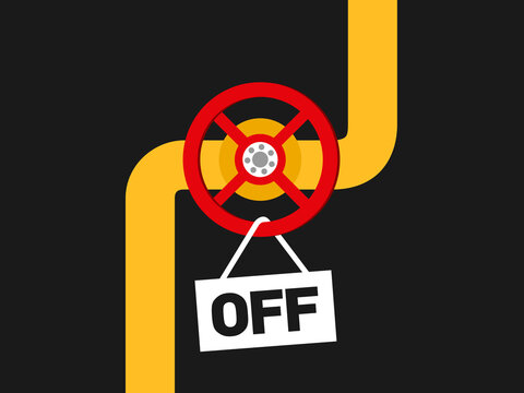 Turning tap off - shut off of pipeline for gas, oil and fuel. Supply cancellation, discontinuation and abolition. Vector illustration.