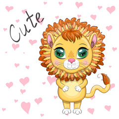 Cartoon lion with expressive eyes. Wild animals, character, childish cute style