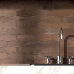 Modern interior design, kitchen with brown tiles, seamless sink, luxurious background.