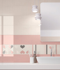 Modern interior design, bathroom with cream and pink tiles, seamless, luxurious background.