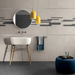Modern interior design, bathroom with elegant tiles, yellow lamps, seamless, luxurious background.
