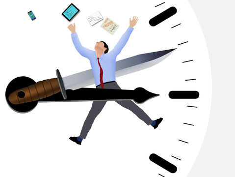 A businessman is about to miss a deadline as a clock hand shaped.like a knife blade is about to close on him in a 3-d illustration.