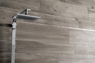 Modern interior design, bathroom with wood texture tiles, seamless shower, luxurious background.