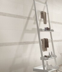 Modern interior design, bathroom with light gray tiles, seamless, luxurious background.