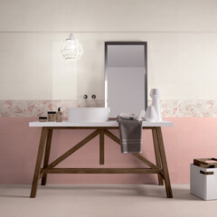 Modern interior design, bathroom with gray tiles, seamless, luxurious background.