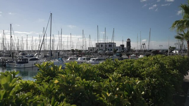 Yachts and Marina Rubicon Shopping Centre in Rubicon Marina in the morning, Playa Blanca, Lanzarote, Canary Islands, Spain