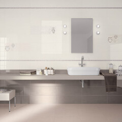 Fototapeta na wymiar Modern interior design, bathroom with floral pink and cream tiles, seamless, luxurious background.