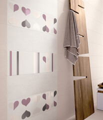 Modern interior design, bathroom with patterned tiles, seamless, luxurious background.