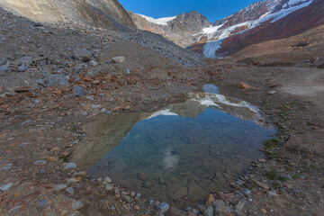 High mountain pond with crystal clear waters on which the glaciers are reflected. Vallelunga, Alto Adige, Italy