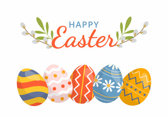 Happy Easter banner. Horizontal poster, greeting card. Spring holiday. Easter eggs. Vector illustration