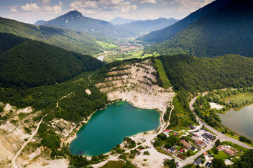 Naklejka na ściany i meble Aerial view of a lake in the village of Sutovo in Slovakia
