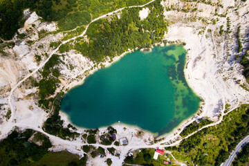 Aerial view of a lake in the village of Sutovo in Slovakia