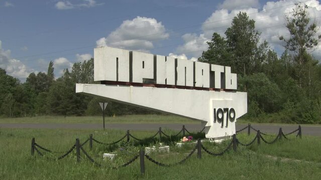 Road sign "Pripyat". Ghost town in the Chernobyl zone.